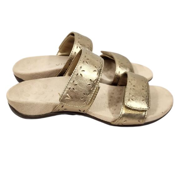 VIONIC WOMENS RANDI GOLD METALLIC LEATHER COMFORT SLIDE SANDALS ADJUSTABLE SZ 6 - Picture 3 of 8
